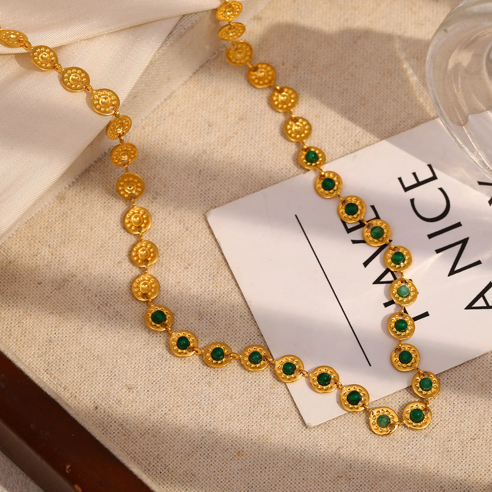 Vintage Chic Geometric Pendant Necklace for Women Stainless Steel with 18K Gold Plating and Green Stone Accent