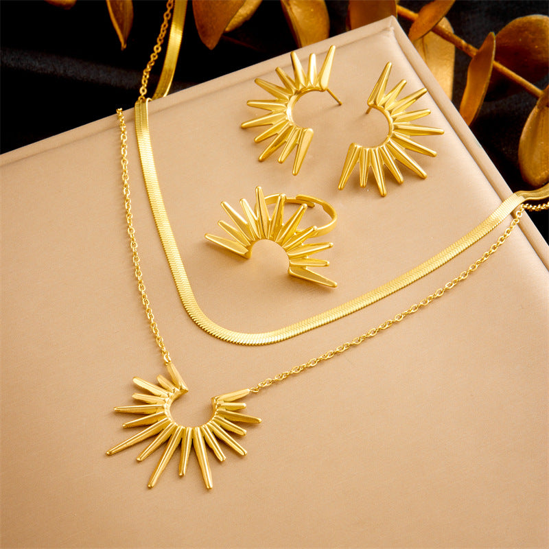 Vintage-Inspired Stainless Steel Necklace Earrings and Bracelet Set for Women Fan Shape Fashion Office Jewelry Set