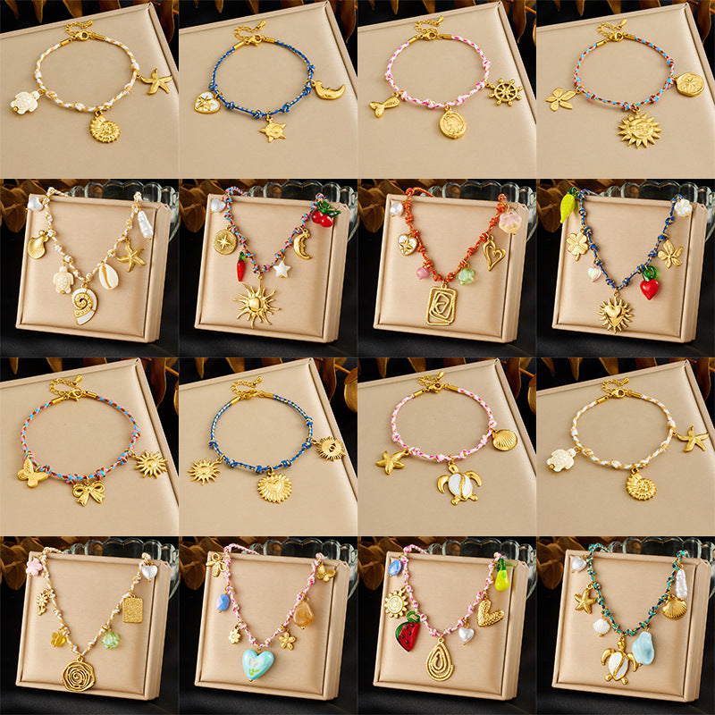 Bohemian Vintage Gold Plated Stainless Steel Rope Chain Necklace and Bracelet Set with Animal Pendant