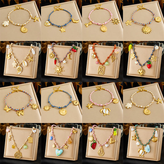 Bohemian Vintage Gold Plated Stainless Steel Rope Chain Necklace and Bracelet Set with Animal Pendant