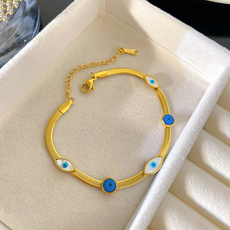 Minimalist Vintage Bohemian Geometric Plated Titanium Steel Bracelet with Blue and White Eye Design