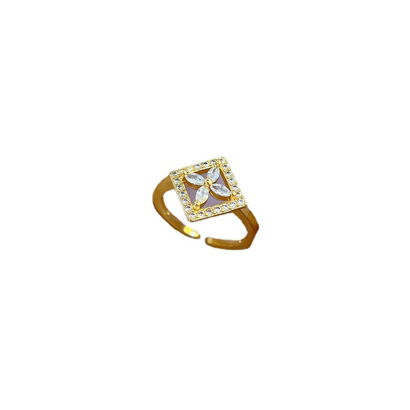 Kawaii Style Floral Square Ring in Brass with Gold Plating for Women Adjustable Open Band