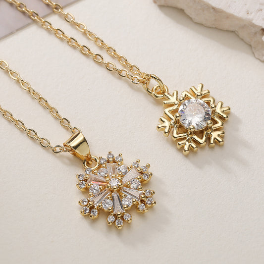 Sweet Minimalist 18K Gold Plated Brass Geometric Snowflake Cubic Zirconia Pendant Necklace for Women