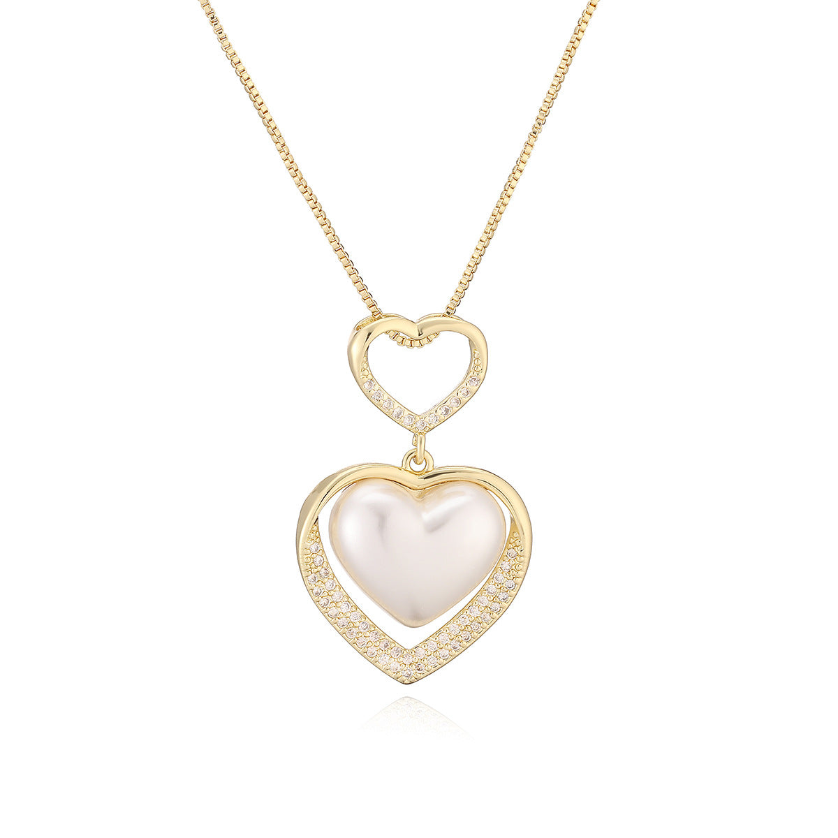 Minimalist 18K Gold Plated Brass Heart Necklace with Cubic Zirconia and White Shell Pearl for Women