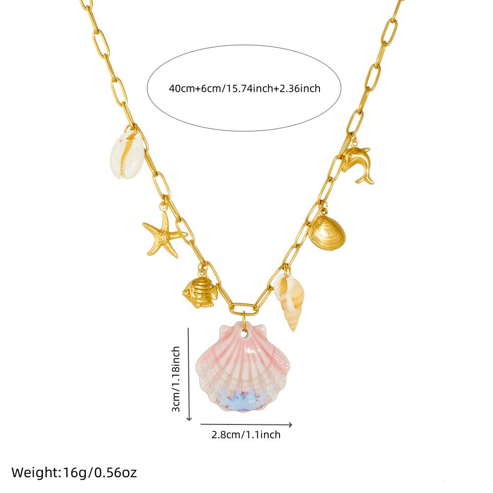 Chic Gold Plated Stainless Steel Animal Starfish Shell Dolphin Pendant Necklace for Women