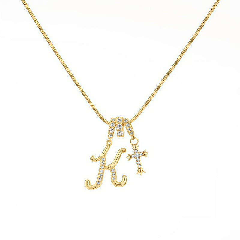 Sweet 22K Gold Plated Letter Titanium Steel Pendant Brass Cable Chain Necklace Unisex