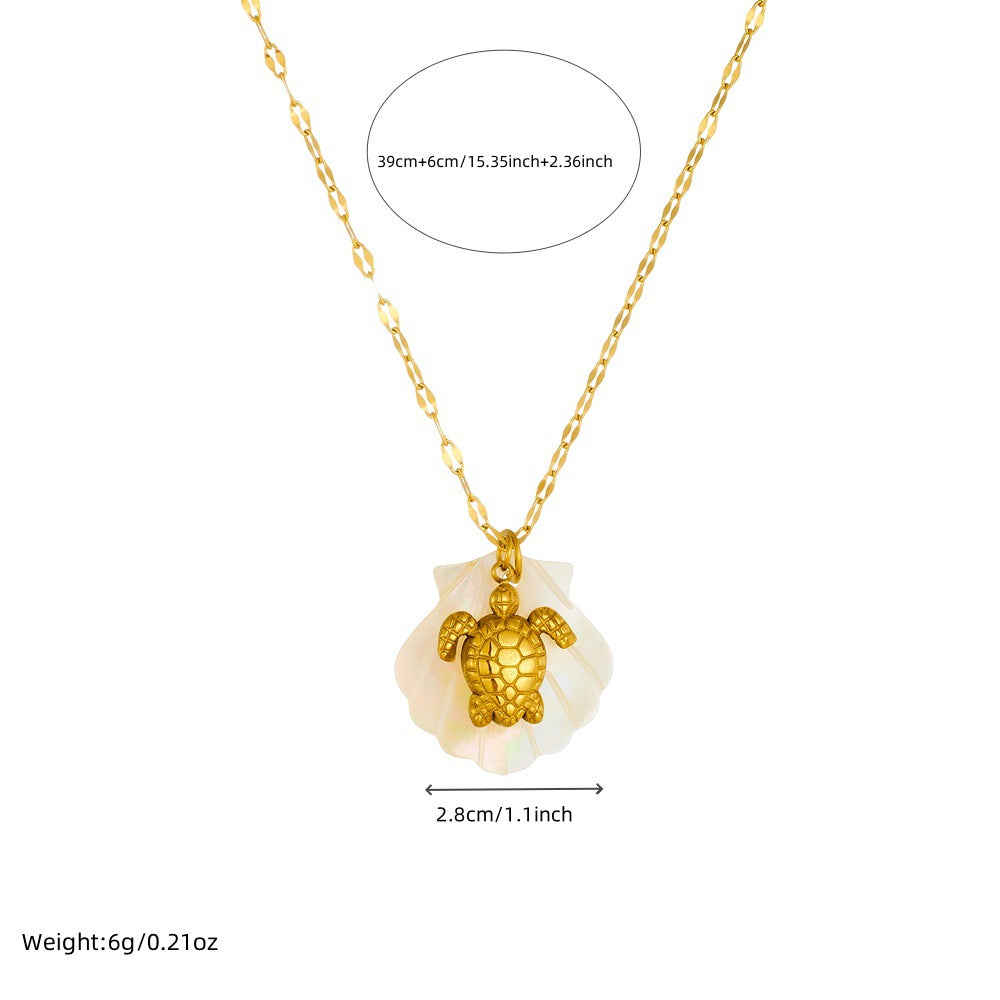 Personalized Ocean Starfish Seashell Turtle Pendant Necklace in Stainless Steel with 18K Gold Plating on Wavy Chain for Women