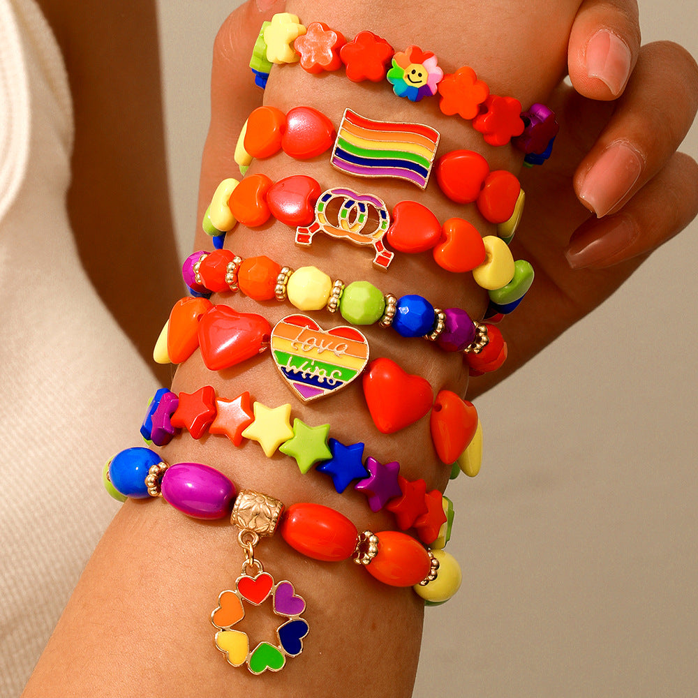 Bohemian Colorful Round Geometric Heart Acrylic Alloy Beaded Stretch Bracelet Set