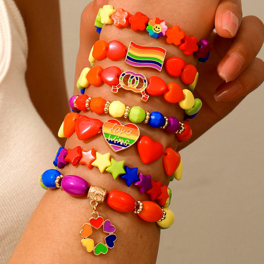 Bohemian Colorful Round Geometric Heart Acrylic Alloy Beaded Stretch Bracelet Set