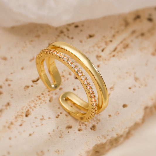 Minimalist Geometric Copper Ring with 18K Gold Plating and Micro-Paved Zirconia for Women