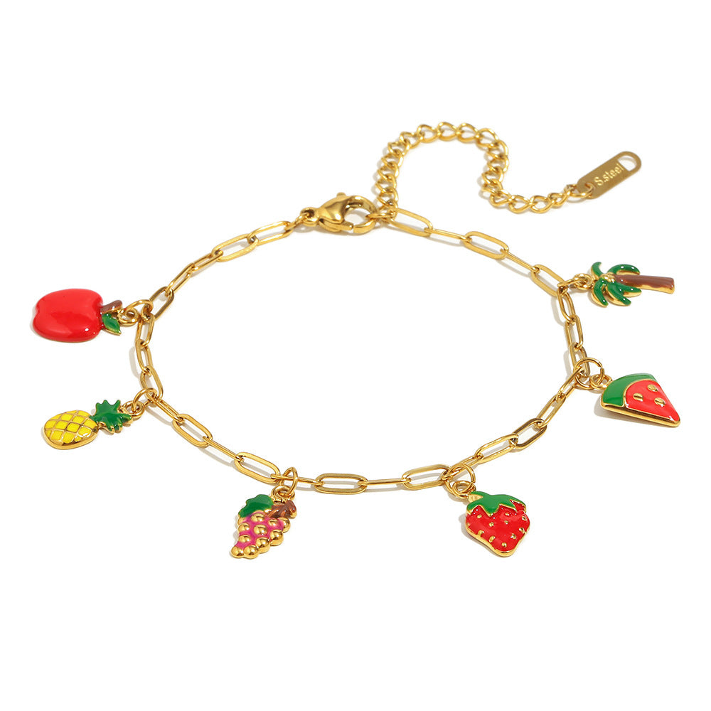 Fashion Fruit-Shaped Stainless Steel Plated 18K Gold Pendant Necklace and Bracelet Set for Women