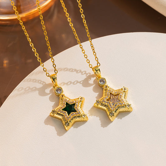 Collana pendente a stella minimalista da donna in acciaio al titanio con intarsio di strass e design a catena O-Chain