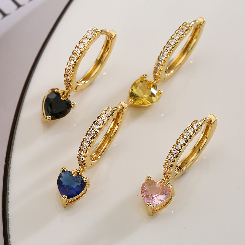 Minimalist Heart-Shaped Copper Earrings with Gold Plating and Zirconia Accents for Women