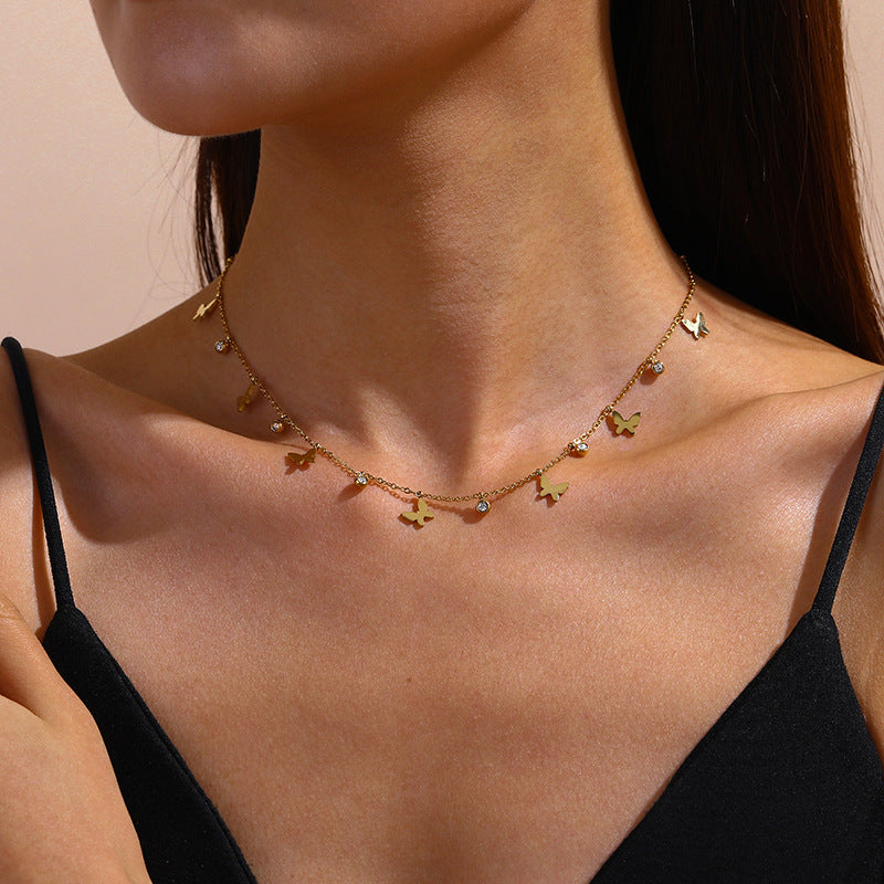 Minimalist Rhinestone Inlaid Star and Butterfly Stainless Steel Pendant Necklace for Women