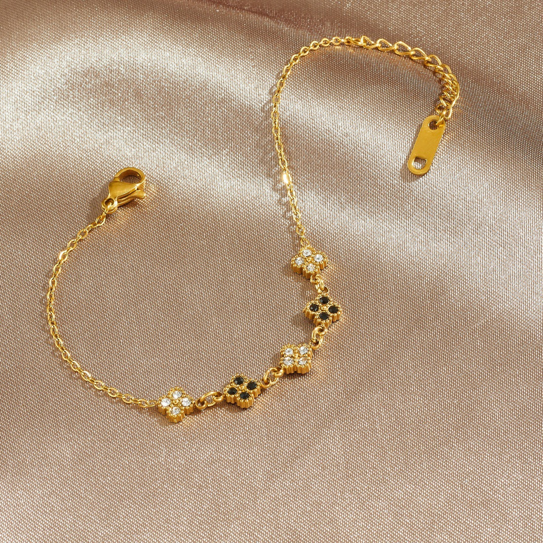 Minimalist Gold Plated Stainless Steel Rhinestone Floral Bracelet for Women