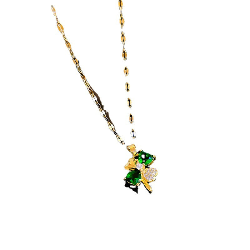 Luxury Minimalist Sweet Pavé Zircon Green Gemstone Four-Petal Flower Necklace in Titanium Steel with Gold Plating
