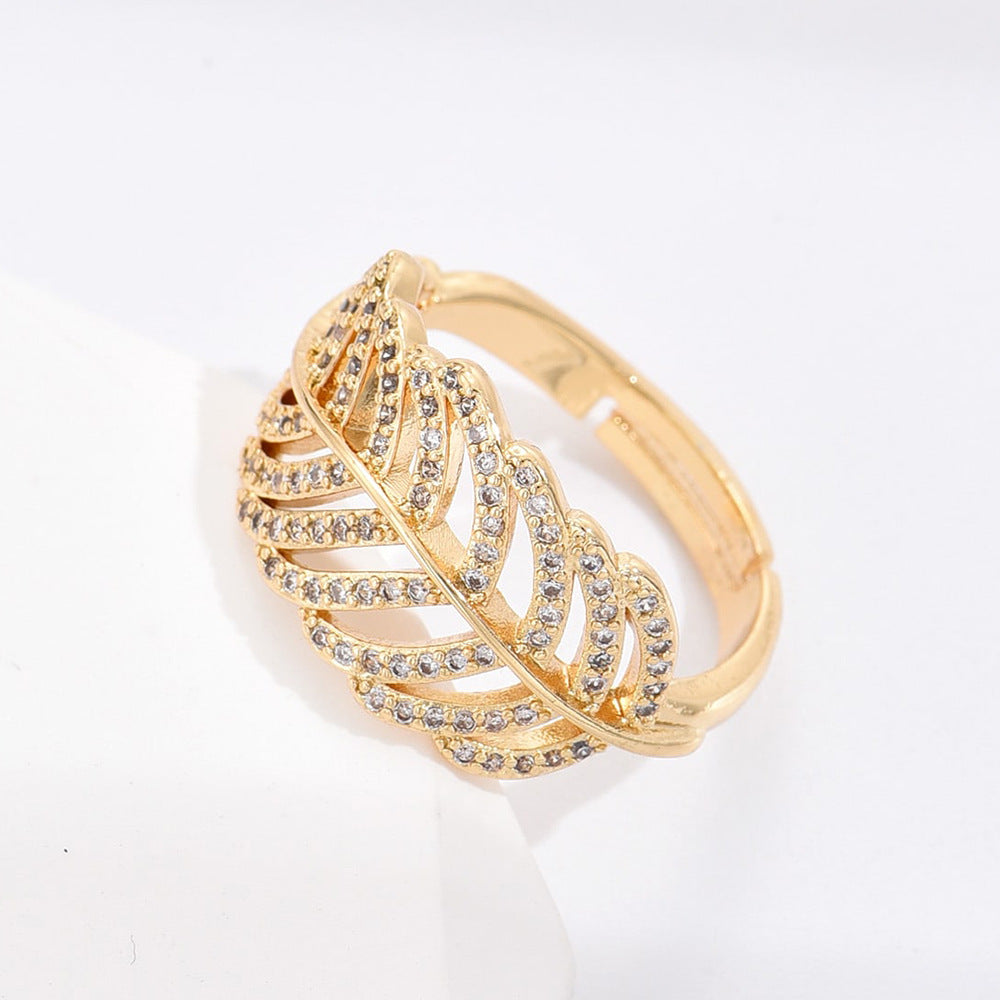 Geometric Leaf-Shaped Open Ring for Women Made of Brass with Real Gold Plating and Micro-Paved Zirconia