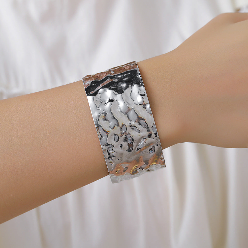18K Gold Plated Titanium Steel Hammered Textured Geometric Open Cuff Bracelet for Women