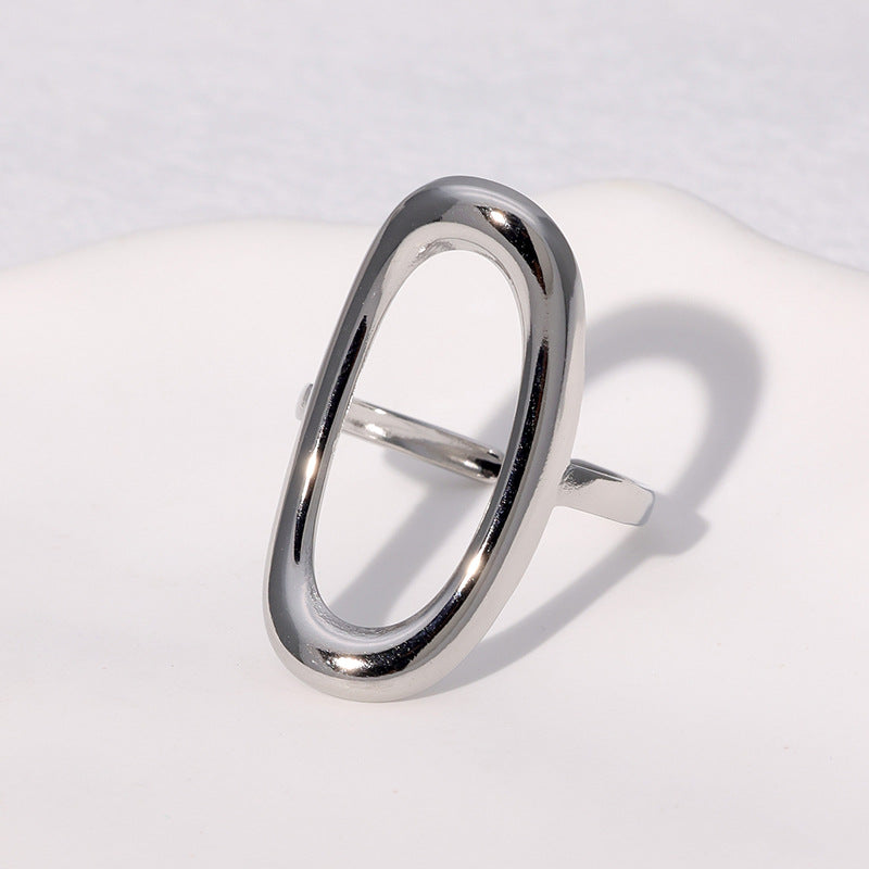 Minimalist Cold-Tone Stainless Steel Geometric Hollow Oval Gold-Plated Adjustable Ring for Women