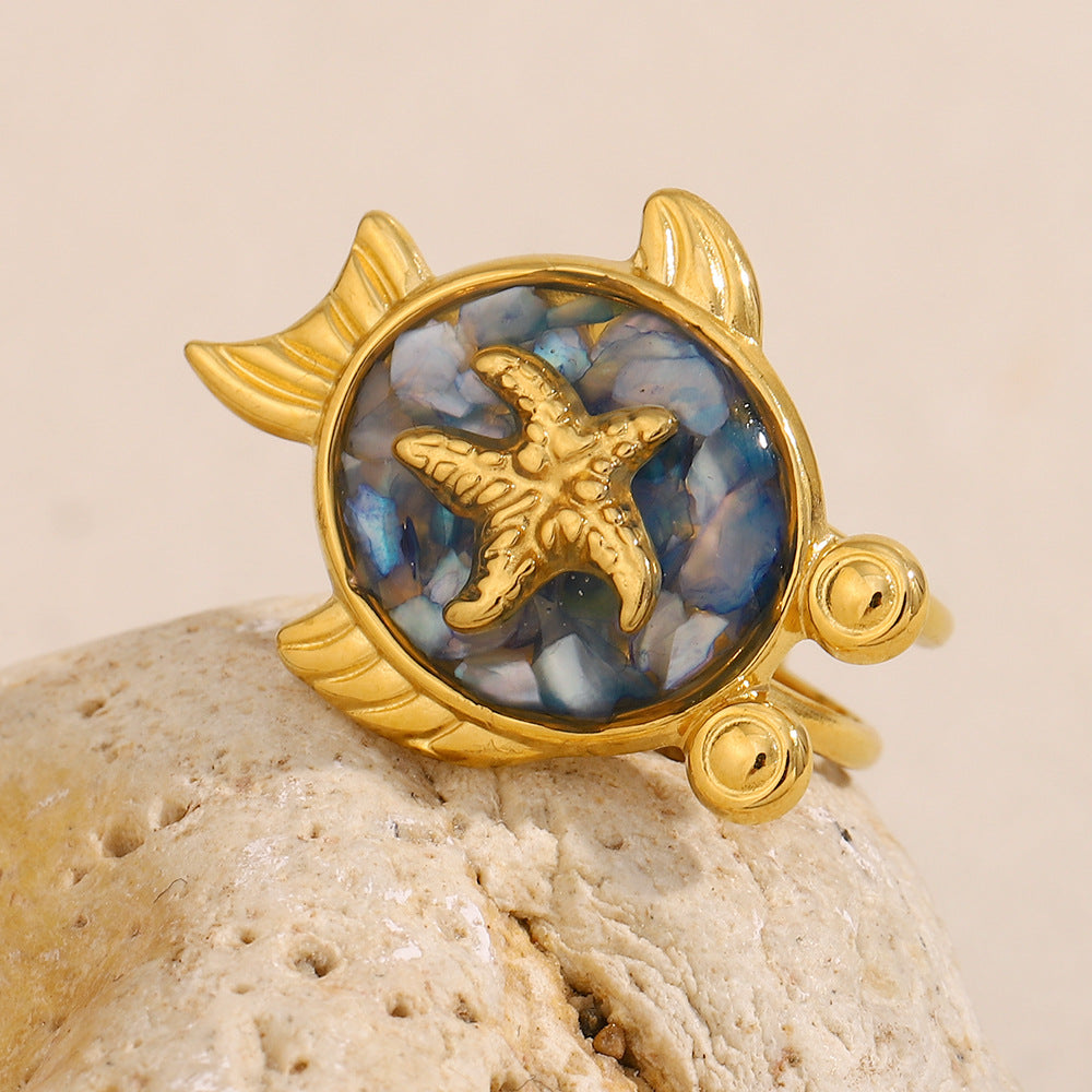 Anillo de acero inoxidable con forma de tortuga, baño de oro de 18 quilates y acabado esmaltado para mujer