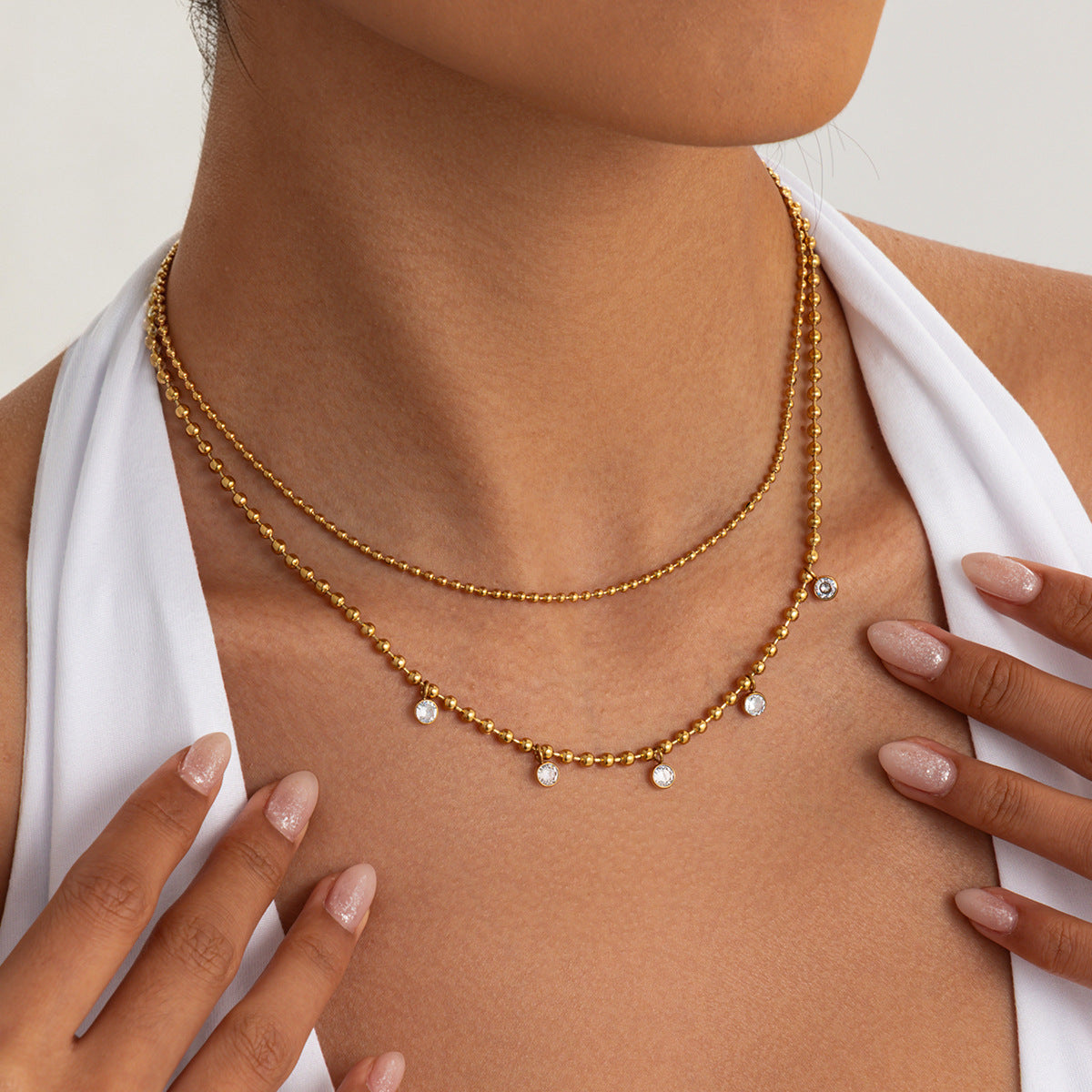 PVD 18K Gold Plated Stainless Steel Round Bead Cubic Zirconia Necklace for Women