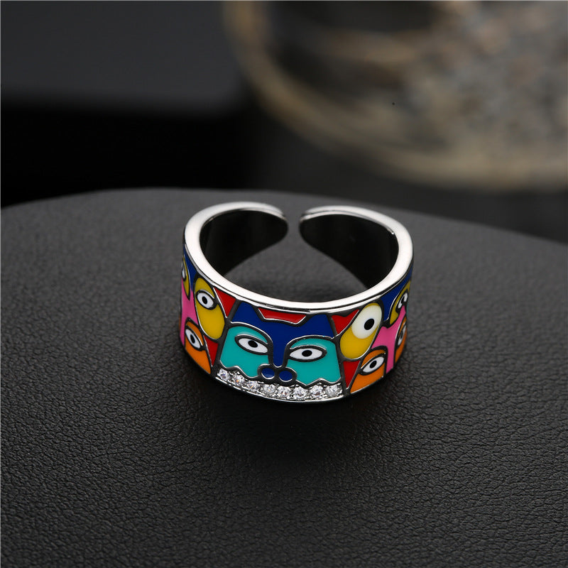 Fashion Geometric Gold Plated Drip Oil Cubic Zirconia Eye Ring for Women