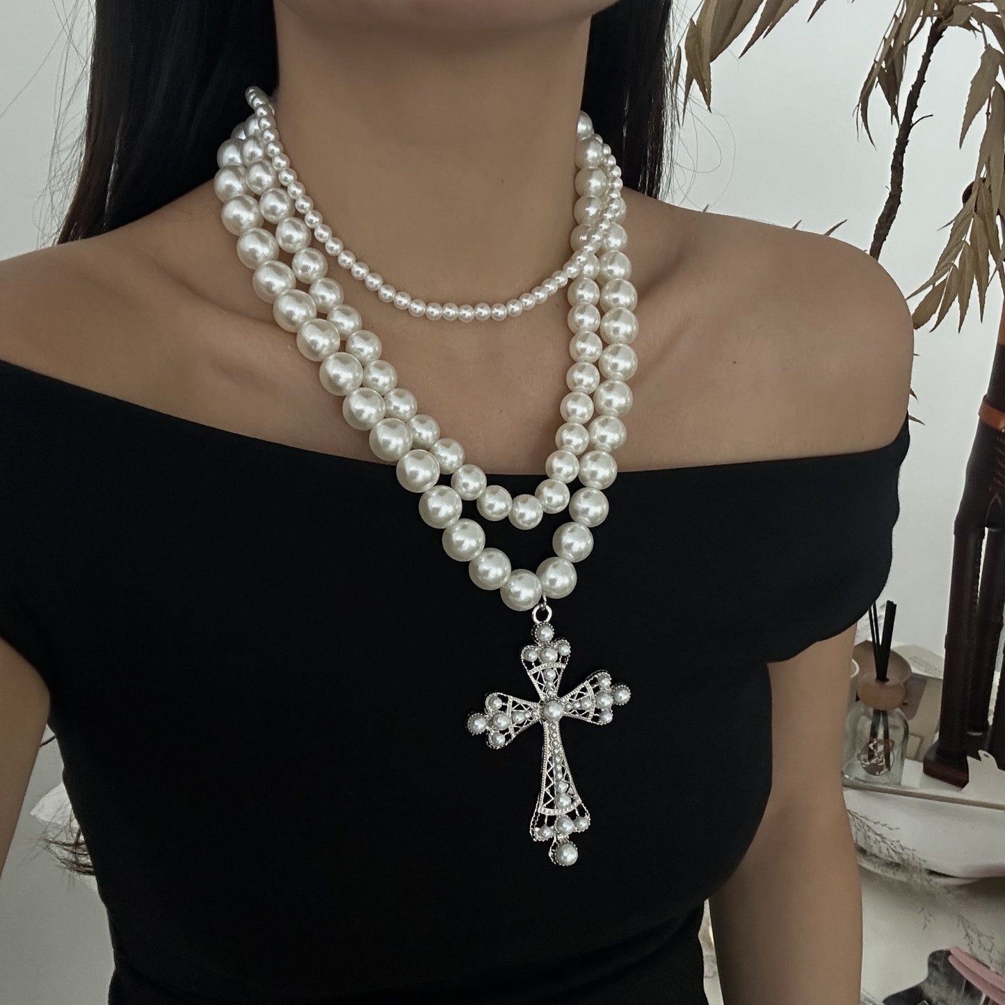 Punk Geometric Cross Hollow Multi-Layer Alloy Necklace Set with Imitation Pearls for Women