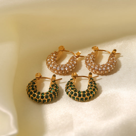French Style Trendy 18K Gold Plated Stainless Steel Geometric Hoop Earrings with Green and White Cubic Zirconia for Women