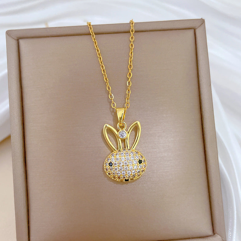 Sweet Luxury Cartoon Moon Geometric Rhinestone Pendant Titanium Steel Necklace for Unisex