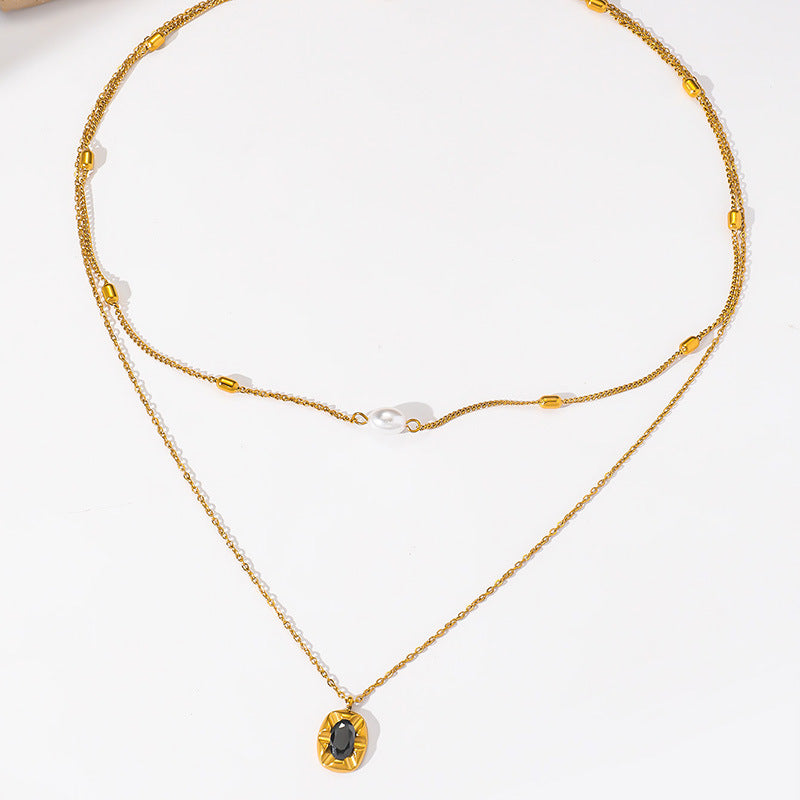 Vintage Elegant Oval Geometric Pearl Gemstone Inlay Stainless Steel Double Layer Necklace
