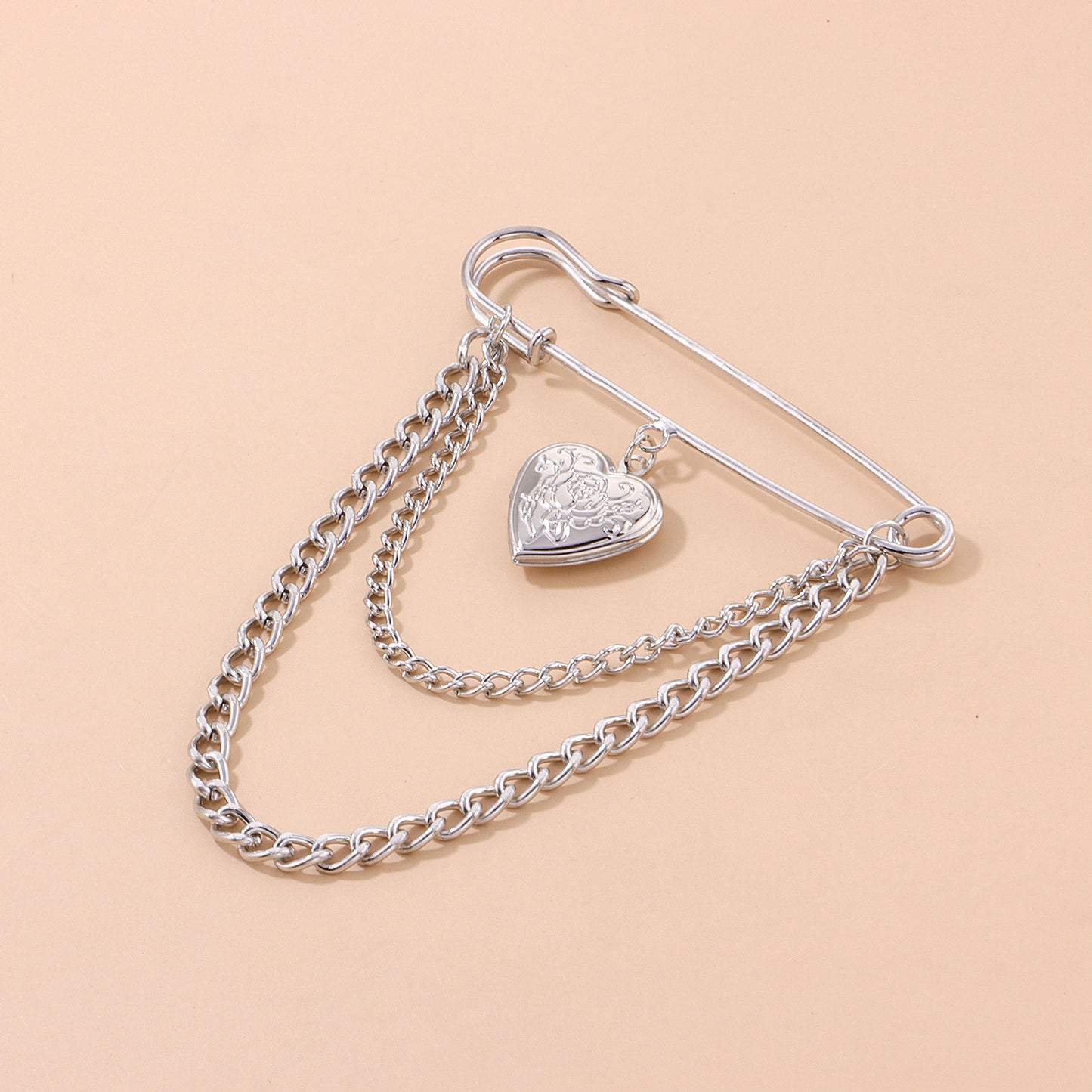 Creative Open-Top Embossed Heart Brooch Vintage Luxury Chain Pin Jewelry for Women