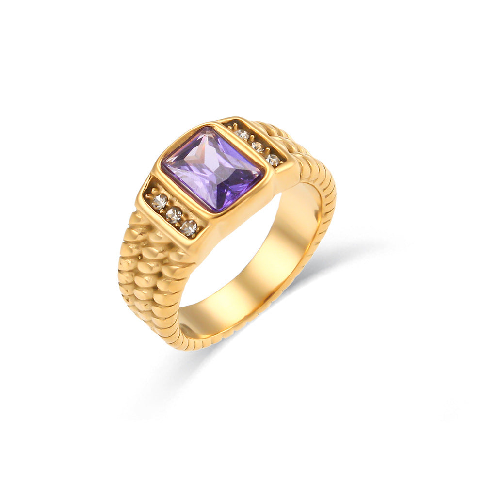 Anello di lusso geometrico in acciaio inossidabile con placcatura in oro 18 carati e dettagli in zirconi quadrati