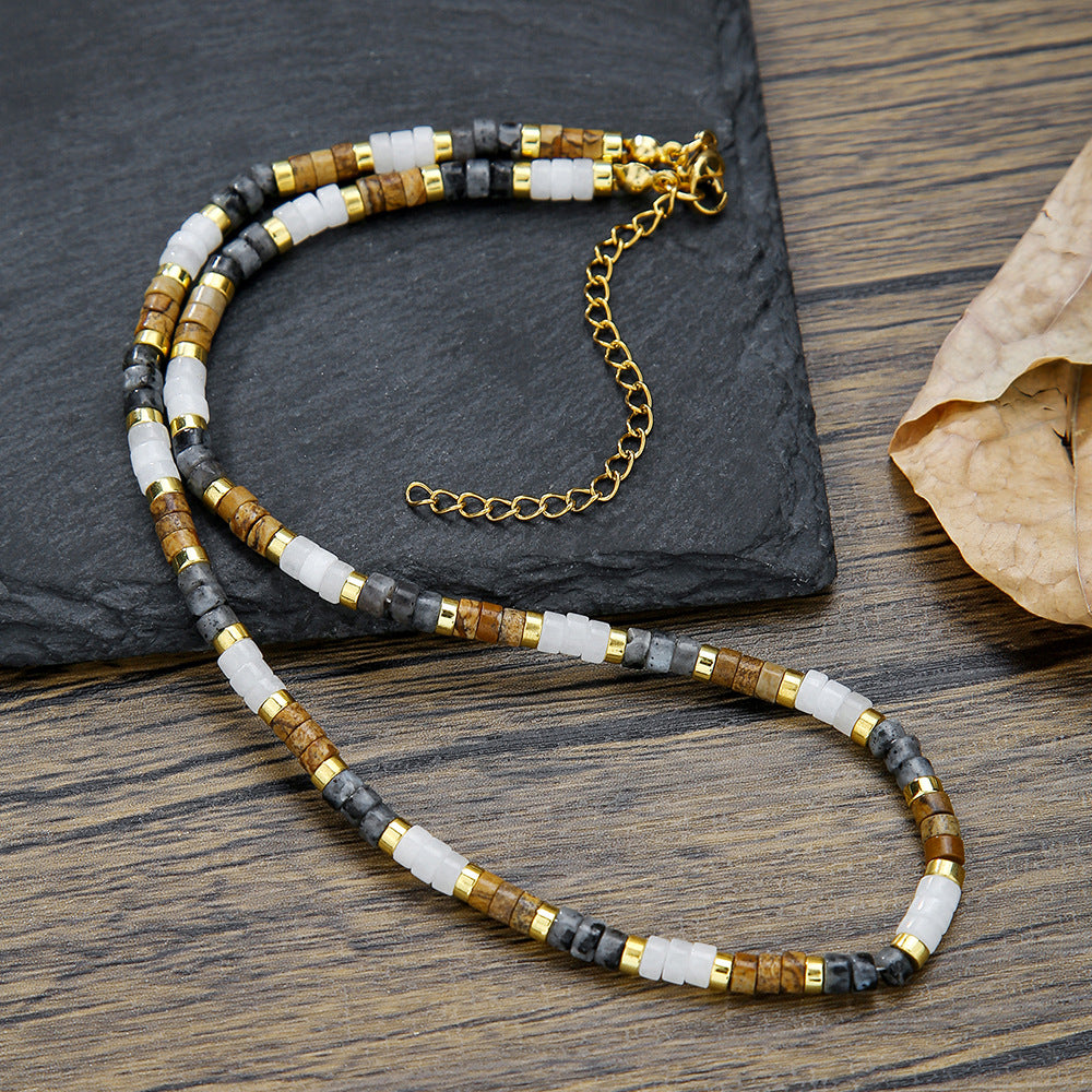 Bohemian Minimalist Round Geometric Wood Bead Necklace with Cubic Zirconia Pendant Ball Chain Unisex Jewelry