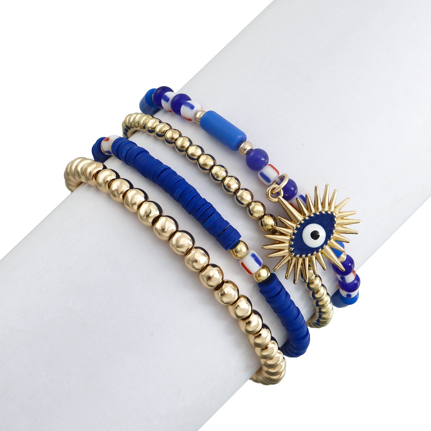 Minimalist Geometric Evil Eye Alloy Bracelet for Women with Plated Finish and Multicolor Polymer Clay Beads