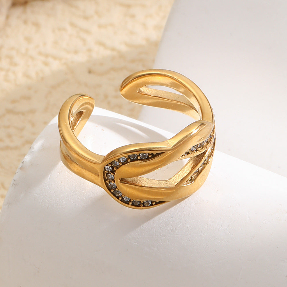Elegant Minimalist Geometric 18K Gold Plated Stainless Steel Rhinestone Knot Open Ring for Women