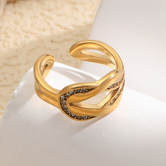 Elegant Minimalist Geometric 18K Gold Plated Stainless Steel Rhinestone Knot Open Ring for Women