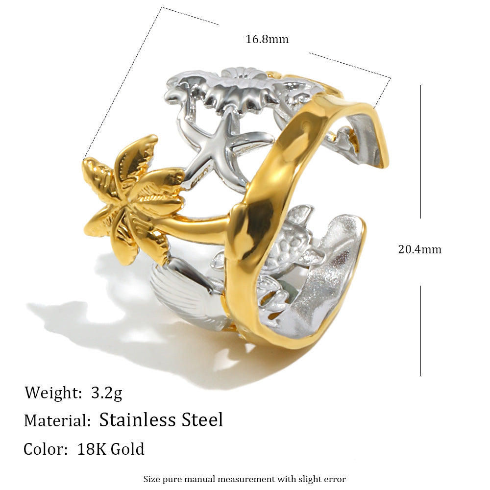 Pulsera Minimalista de Acero Inoxidable con Baño de Oro de 18K, Inspirada en el Océano con Motivos de Concha Marina y Estrella de Mar