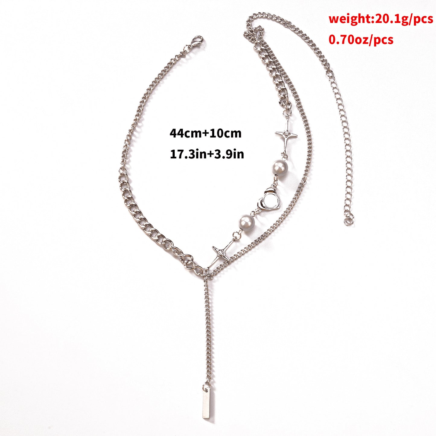 Retro Geometric Pendant Necklace for Women with Stainless Steel Chain, Luminescent Pearl and Rhinestone Star Accent, Fringe Detail, Plated Finish