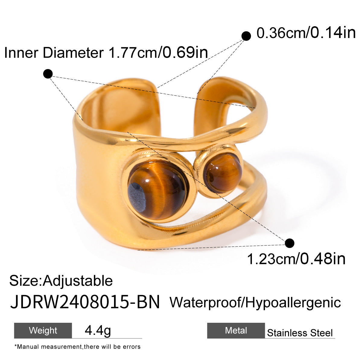Anillo de ojo de tigre geométrico para mujer en acero inoxidable con acabado chapado, accesorio de moda minimalista