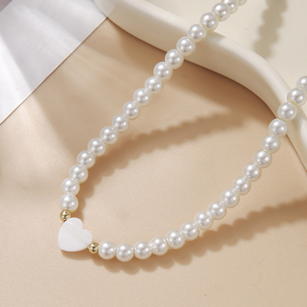 Vintage Sweet Heart Alloy Simulated Pearl Necklace Snake Chain