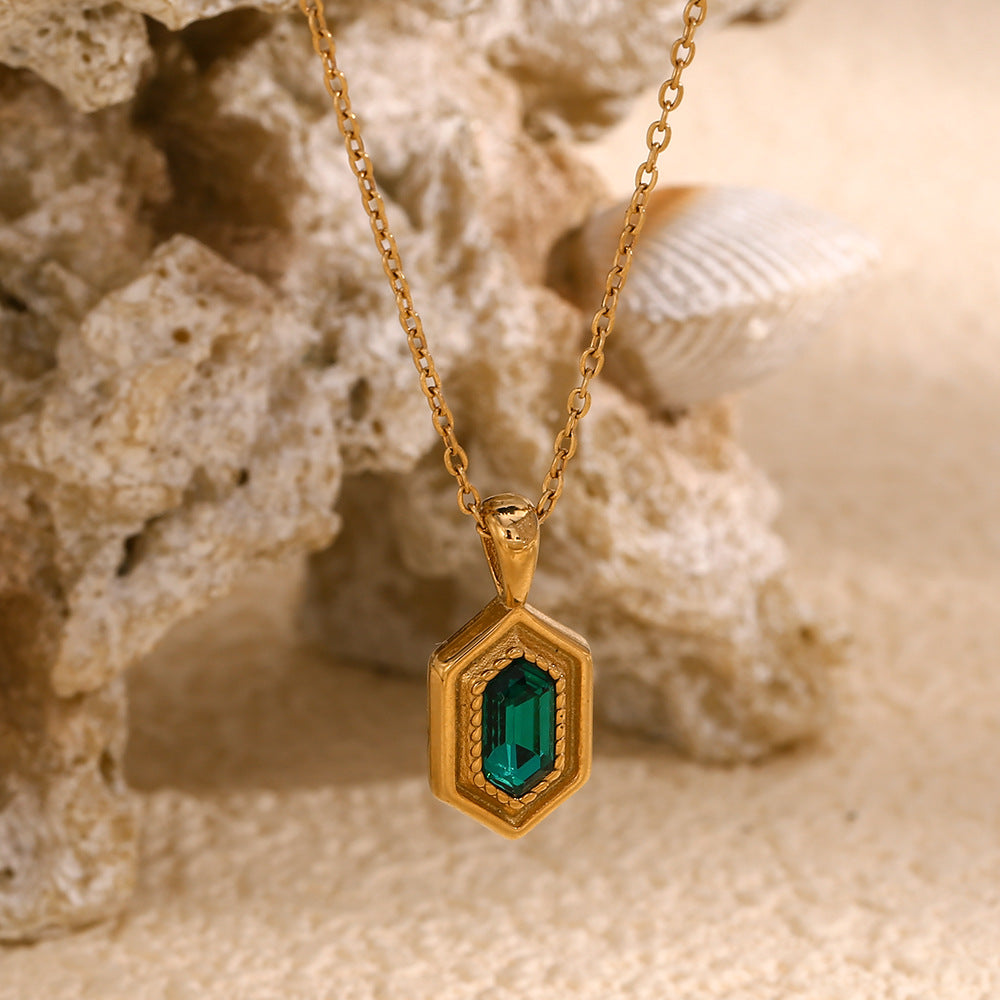 Minimalist Hexagonal Green Rhinestone Pendant Necklace for Women in Stainless Steel with 18K Gold Plating