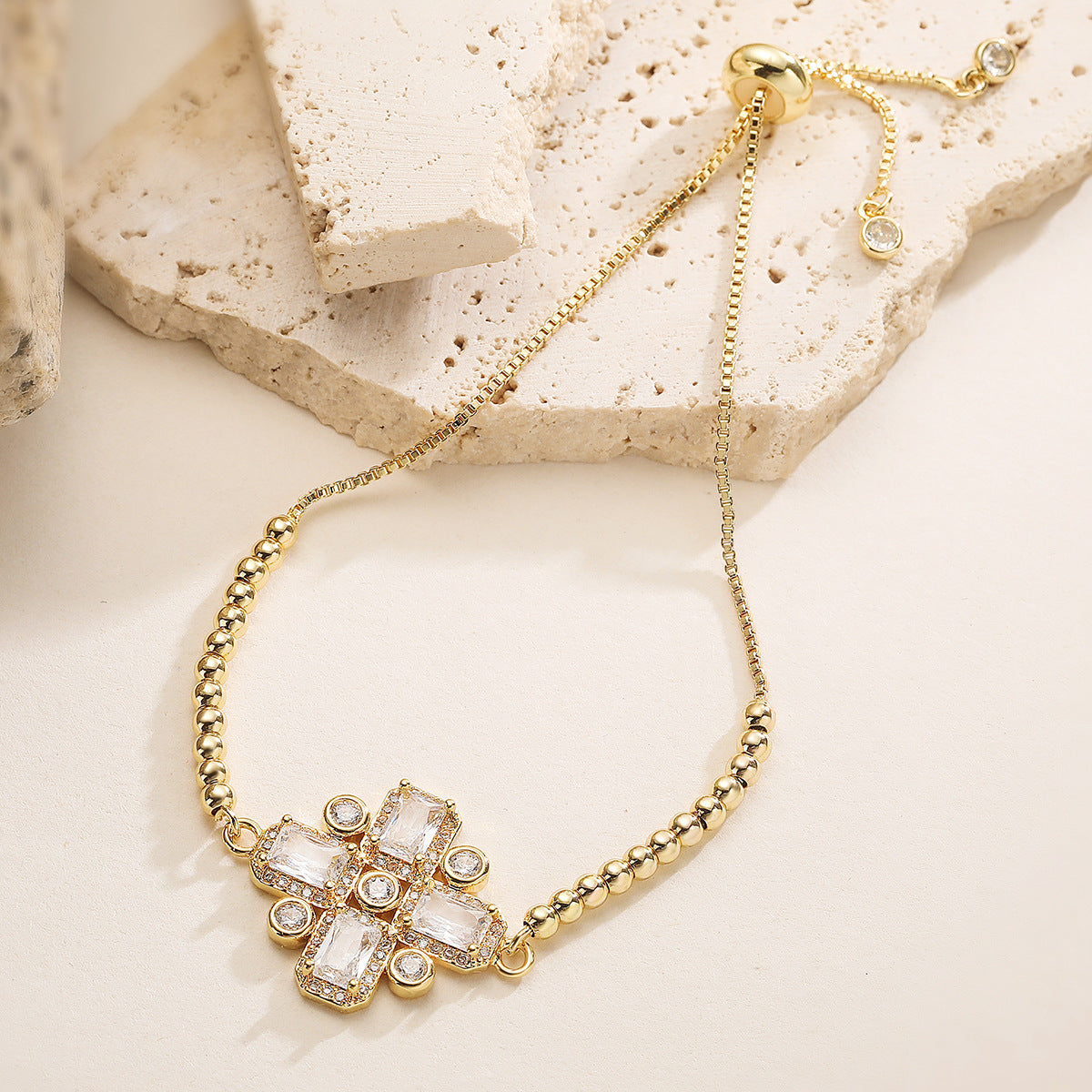 Minimalist Elegant 18K Gold Plated Brass Geometric Cubic Zirconia Beaded Bracelet for Women