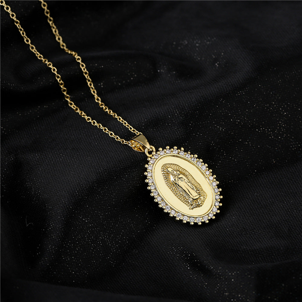 Minimalist Geometric Brass Micro-Inlaid Cubic Zirconia Necklace with Gold Plated Mary Pendant