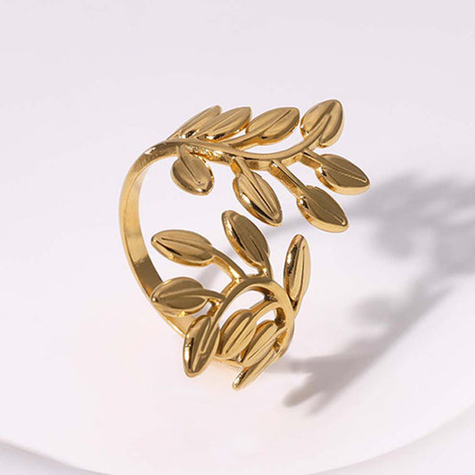 Natural Style Leaf-Shaped Titanium Steel Open Ring for Women with Plated Finish and Rust-Resistant Stainless Steel Construction