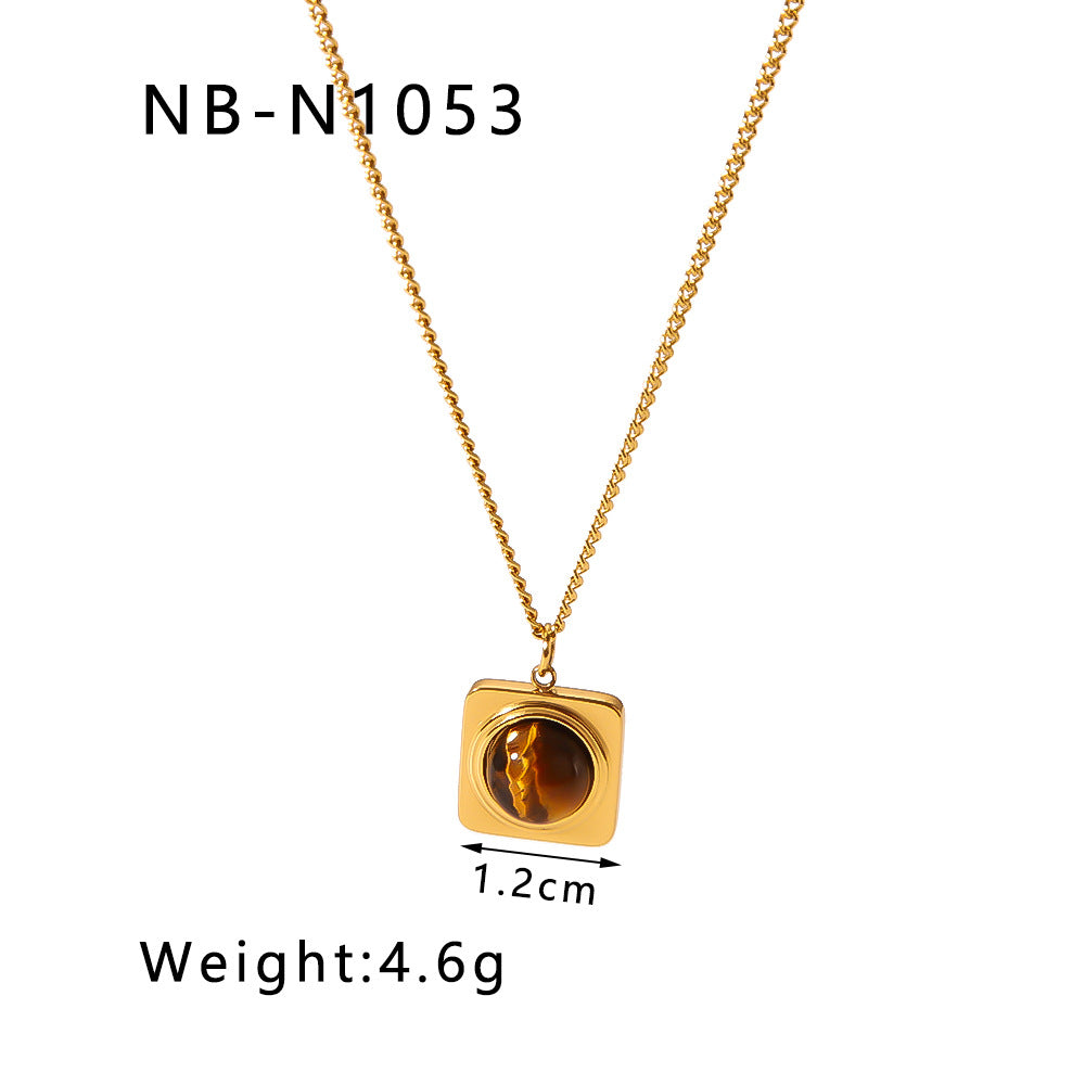 Vintage French Style Geometric Pendant Necklace for Women Stainless Steel with 18K Gold Plating and Natural Tiger Eye Inlay
