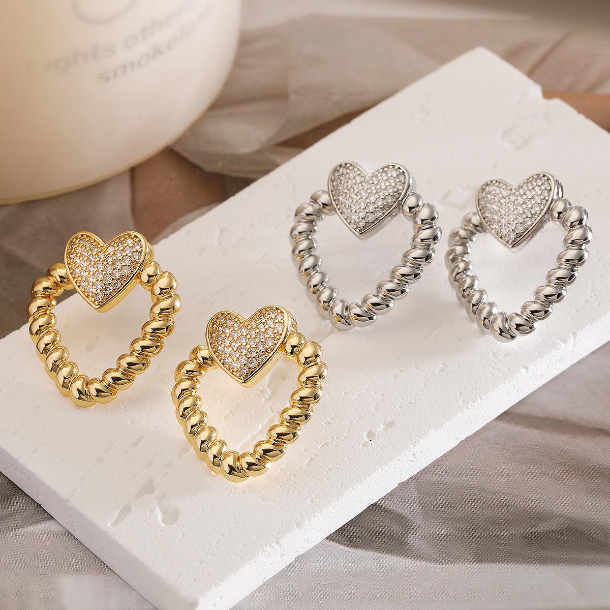 Minimalist Hollow Heart Shape Copper Stud Earrings for Women with Micro-Pave Zirconia Accents