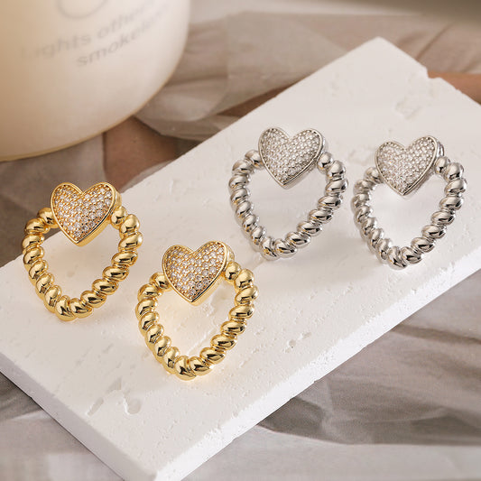 Minimalist Hollow Heart Shape Copper Stud Earrings for Women with Micro-Pave Zirconia Accents