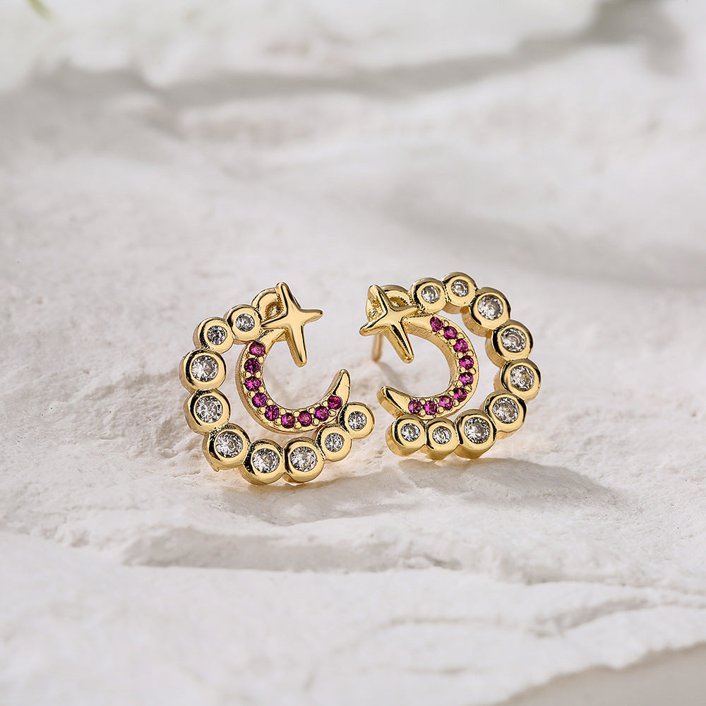 Minimalist Geometric Moon and Star Stud Earrings in Copper with 18K Gold Plating and Micro-Pave Zirconia
