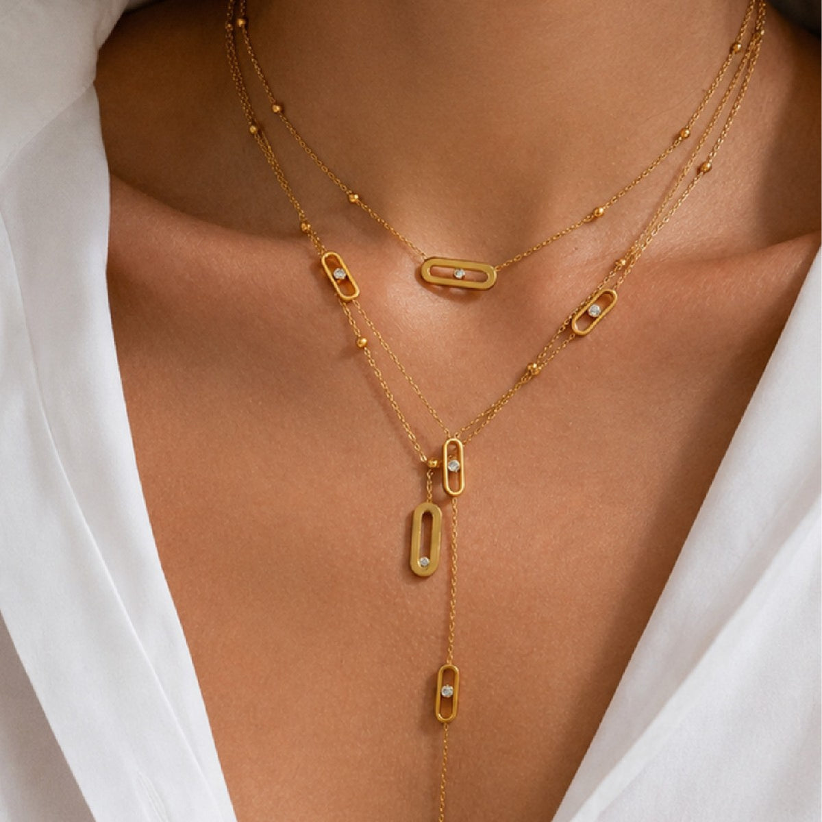 Luxury Elegant Geometric Round Pin Stainless Steel PVD Plated Layered Necklace for Women