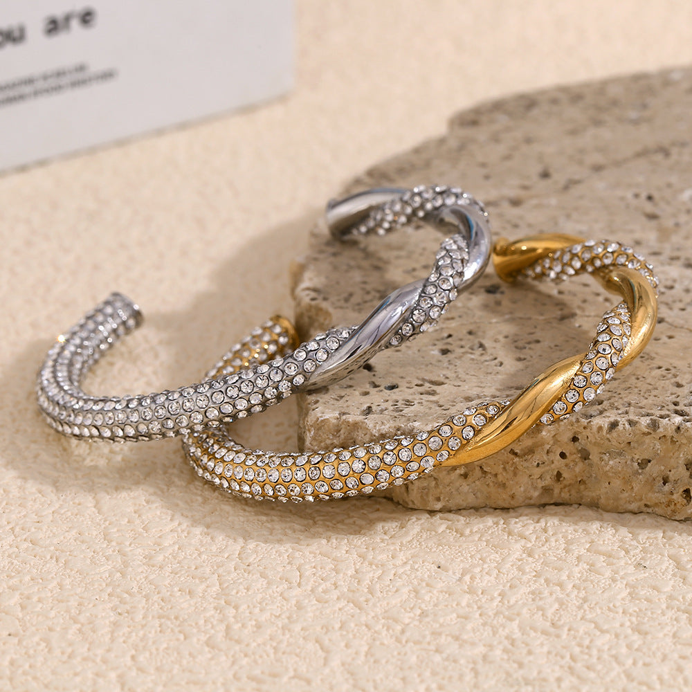 Fashionable Asymmetrical Braided Stainless Steel Bracelet with 18K Gold Plating and Rhinestone Accents